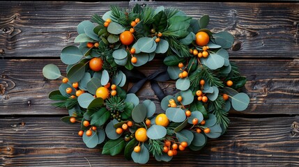   A wreath of oranges and green leaves adorns a wooden plank wall before a door