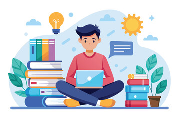 A man sitting on the floor using a laptop next to a stack of books, learning management by reading books, Simple and minimalist flat Vector Illustration