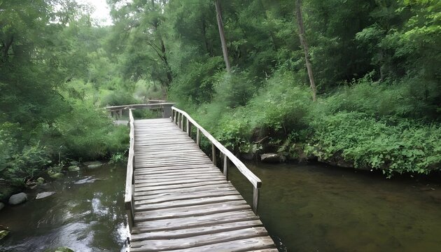 A wooden footbridge spanning across a serene creek upscaled 3