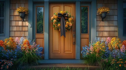  wreath adorns door, flowers border the entrance