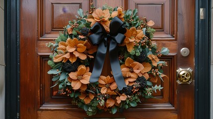   A wreath adorns the front door of the house, featuring orange and black blooms, and a black ribbon as its bow