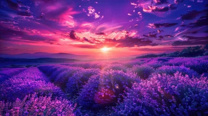 Fototapete Flower Landscape. Lavender Field in Bulgaria at Sunset with Dramatic Sky © AIGen