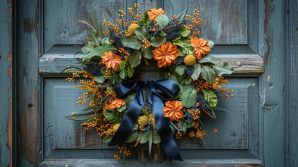   A blue door adorned with a wreath of orange and blue flowers, hung with a blue ribbon at its center