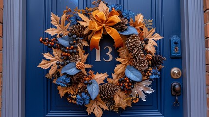   A blue front door adorned with a wreath of pine cones, leaves, berries, and the number thirteen