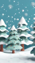 3d cartoon christmas trees and snow.