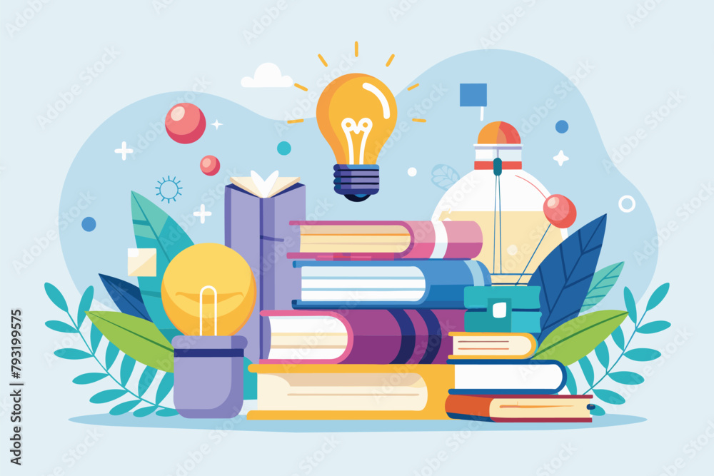 Poster a collection of books neatly piled with a light bulb hovering above them, learn to find information 