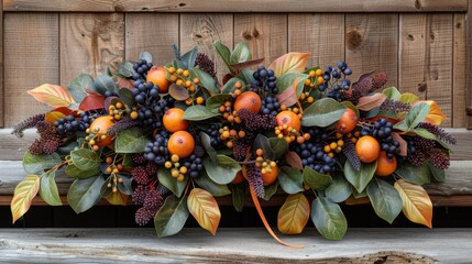   A tight shot of a cluster of fruits on a bench, surrounded by leaves at its edge Berries adorn the back of the bench