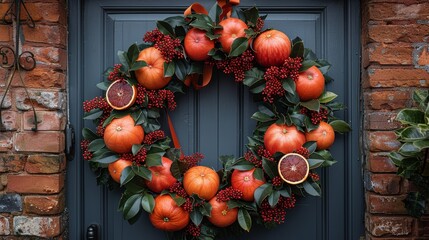   A grapefruit wreath adorns a blue door; oranges and berries accentuate it Brick wall backdrop