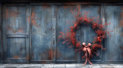   A red wreath, bowed in front, adorns a building's facade Behind stands a blue-hued wall