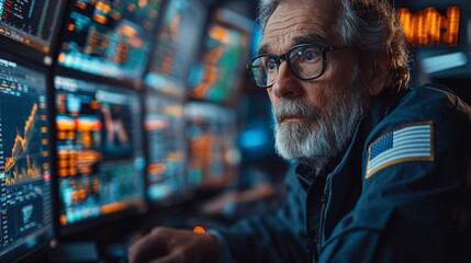 Obraz premium Senior Technician Analyzing Data on Screens