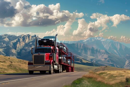 Shipping Cars. Truck Hauler Car Carrier Transporting Cargo on Flat Road