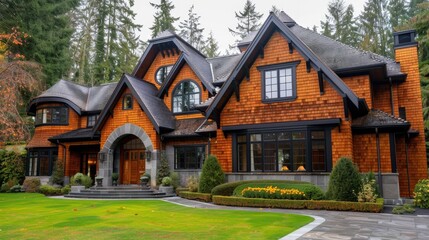 Fototapeta na wymiar Wood Home. Traditional Luxury House Exterior with Stained Cedar Shingle Siding and Painted Trim