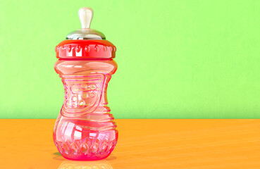 Red Sippy Cup for Babies and Toddlers on the wooden table. 3D rendering