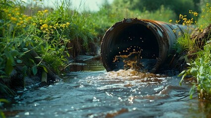 Toxic wastewater pollutes river via sewage pipe, leading to environmental harm and contamination. Concept Environmental pollution, Sewage leakage, Water contamination, River pollution