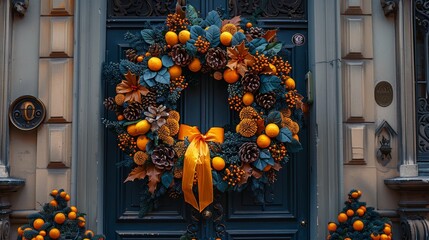  oranges and pine cones, a yellow bow at its front