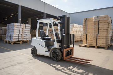 Efficient Logistics: Modern Forklift Parked in Spacious Warehouse
