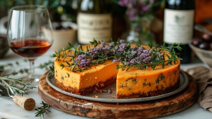   A cheesecake atop a wooden cutting board, accompanied by a glass and a bottle of wine
