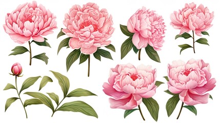 Set of detailed illustrations of pink peonies in different stages of bloom with lush green leaves