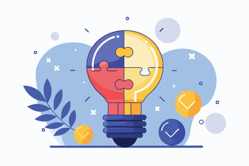 A light bulb displaying a puzzle piece inside, symbolizing creativity and problem-solving for business concepts, Lightbulb puzzle for business concept, Simple and minimalist flat Vector Illustration