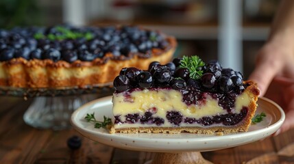   A blueberry cheesecake on a plate, sliced, with a hand reaching for a piece