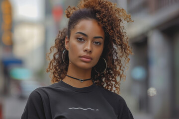 African American girl wearing black sweatshirt. Young woman standing in urban street background