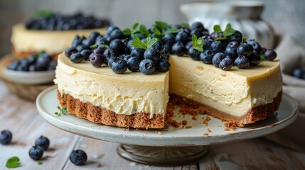   A cheesecake, topped with fresh blueberries, displayed on a cake platter One slice removed