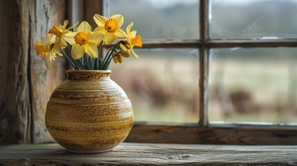   A vase of daffodils on a sunlit window sill before a wooden windowsill