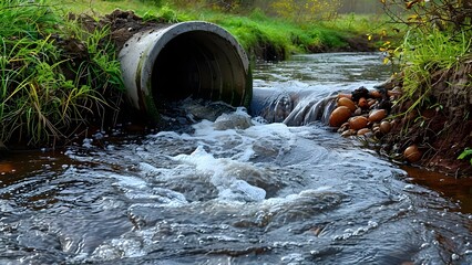 Toxic wastewater pollutes river through sewage pipe causing environmental harm and contamination. Concept Contamination, Sewage Pipe, Wastewater Pollution, Environmental Harm, River Cleanup - obrazy, fototapety, plakaty