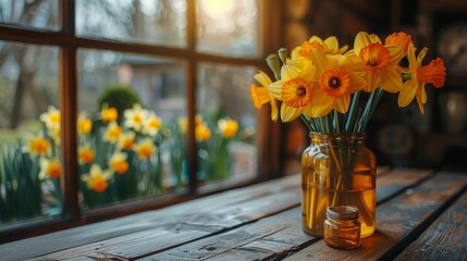   A vase of daffodils on the table, before a window overlooking daffodil-filled view