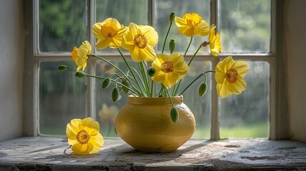   A yellow vase, filled with sunlit yellow flowers, sits on a window sill before a glass-paned window