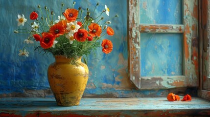   A vase, brimming with numerous flowers, sits atop a window sill Nearby, a blue-painted wall adds a soothing backdrop