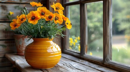   A yellow vase holds yellow flowers on a window sill Nearby, more yellow flowers fill another window sill