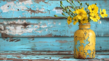   A yellow vase, brimming with sunlit yellow flowers, rests atop a blue-painted wooden table Nearby, a wooden wall stands still