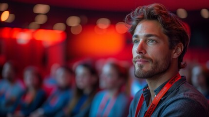 Fototapeta premium Attentive Businessman at Conference with Red Lights