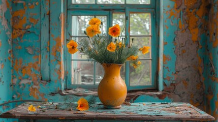   A vase of flowers on a table near a window, surrounded by peeling wall paint