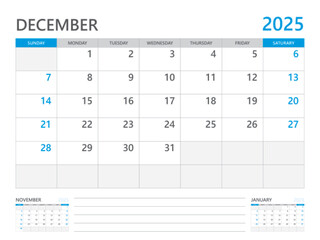December 2025 year, Calendar planner 2025 and Set of 12 Months, week start on Sunday. Desk calendar 2025 design, simple and clean design, Wall calendar, Corporate design planner template vector
