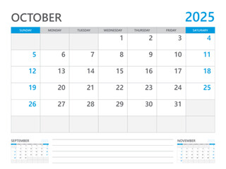 October 2025 year, Calendar planner 2025 and Set of 12 Months, week start on Sunday. Desk calendar 2025 design, simple and clean design, Wall calendar, Corporate design planner template vector