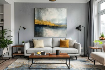 Stylish Scandinavian-style living room with modern decor and vibrant abstract art
