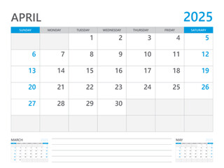 April 2025 year, Calendar planner 2025 and Set of 12 Months, week start on Sunday. Desk calendar 2025 design, simple and clean design, Wall calendar, Corporate design planner template vector