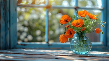   A vase, brimming with vibrant orange flowers, rests atop a weathered wooden table Nearby, a window frames the scene, its blue shutters softly contrasting
