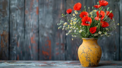   A yellow vase, brimming with numerous red blooms, sits atop a weathered wooden table Nearby, a wooden plank wall provides a rustic backdrop