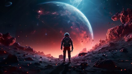 An astronaut stands looking at the large, looming planet amidst a red, rocky alien landscape