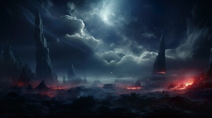 A moody and dark alien landscape with dramatic lighting and glowing lava under a night sky
