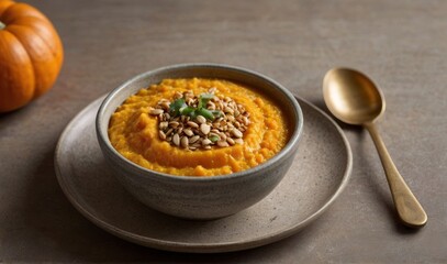 top view A simple yet warm image of pumpkin, sweet potato, and millet porridge for a baby food recipe, against a clean, light yellow background