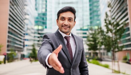 businessman standing outside ready to shake hands