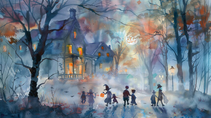 Obraz na płótnie Canvas A watercolor painting of children trick-or-treating in a misty, moonlit neighborhood, soft pastel colors, dreamy atmosphere