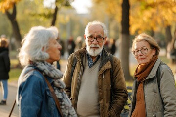 Portrait of senior couple walking in autumn park. Retired people spending time together.