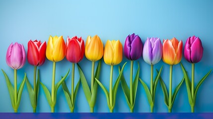 Perfectly lined up, each tulip in a different color stands out brightly against a vivid blue...