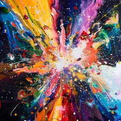 A dynamic abstract representation of the Big Bang, exploding with bright colors and chaotic patterns that suggest the creation of the universe. 