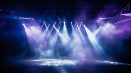 A dramatic display of multicolored stage lights illuminates a concert hall, creating an energetic...